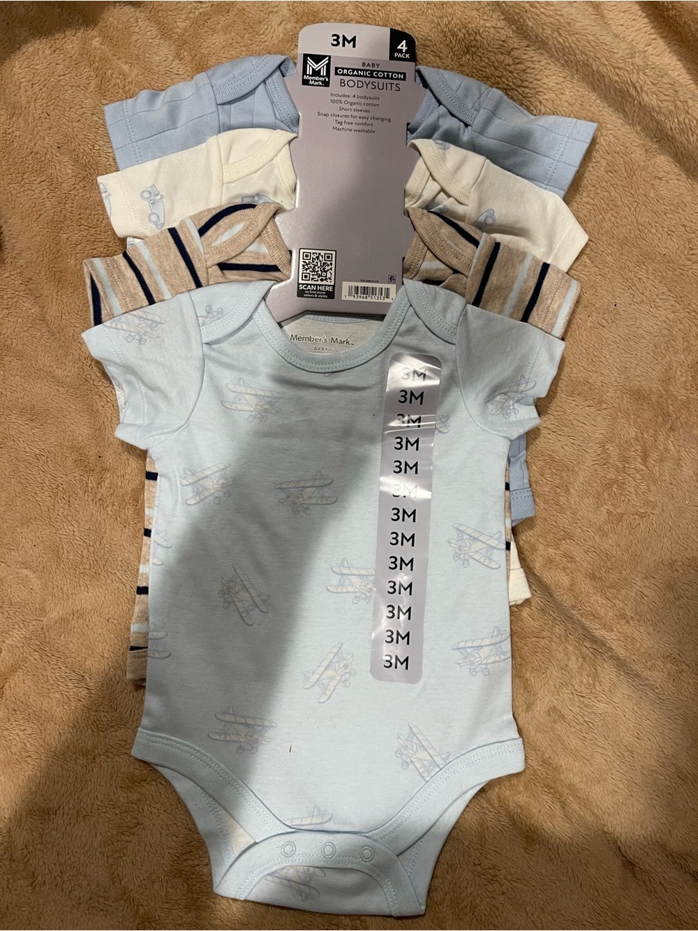 Member's Mark Light Blue Organic Cotton Baby Bodysuit 4-Pack - 3M